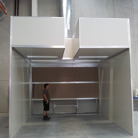 4m x #m high open-face spray booth with crane slot for heavy product spraying.